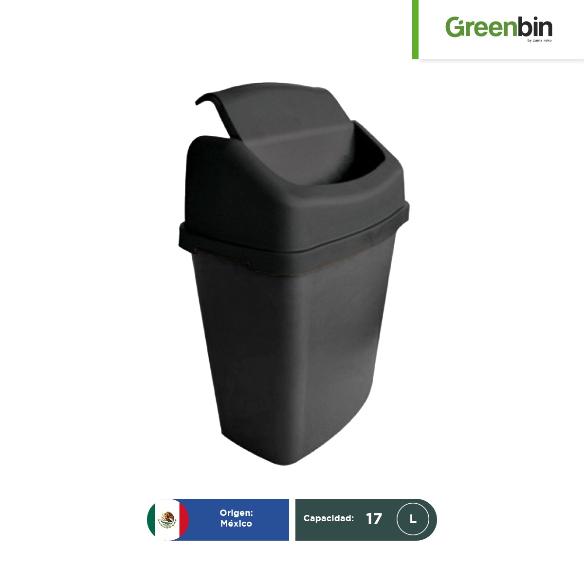 bote de basura rectangular tapa vaiven greenbin 17 l negro 001