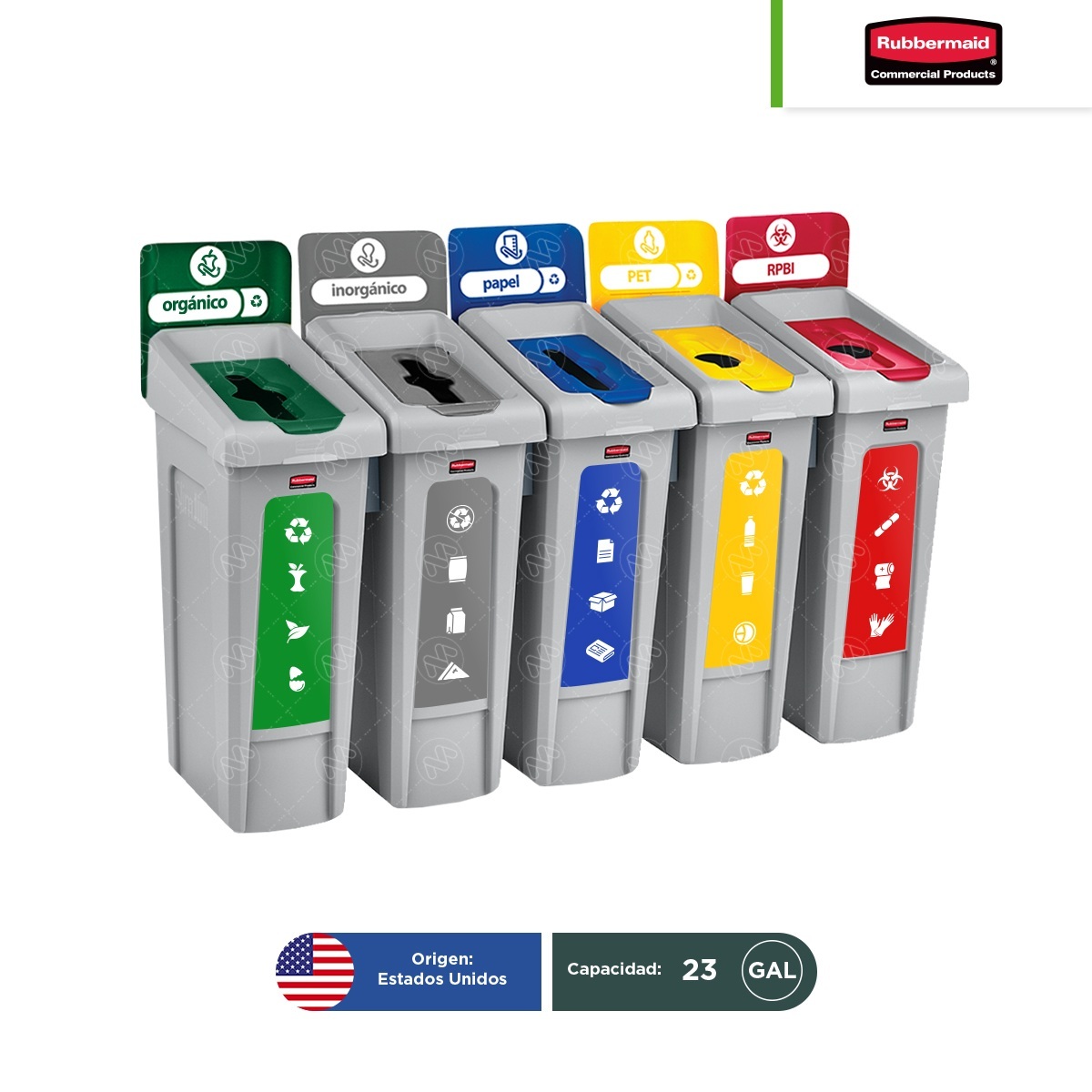 estacion de reciclaje 5 divisiones rubbermaid slim jim 23 gal m01 vd gr az am rj 001